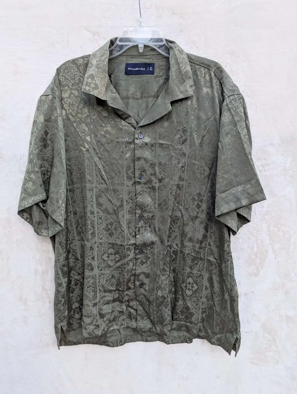 Abercrombie & Fitch Green Jacquard Pattern Short Sleeve Camp Button Up Shirt XL